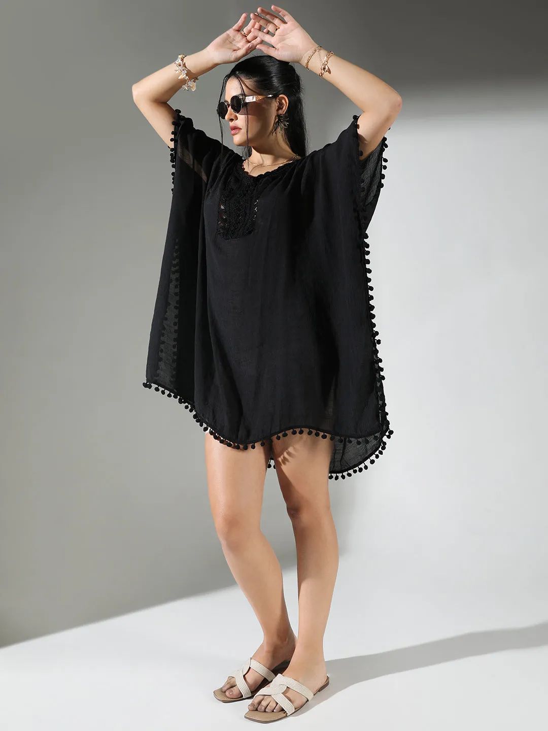 SHOWOFFFF Edition Women's Crochet Detail Black Dress with Pom-Poms