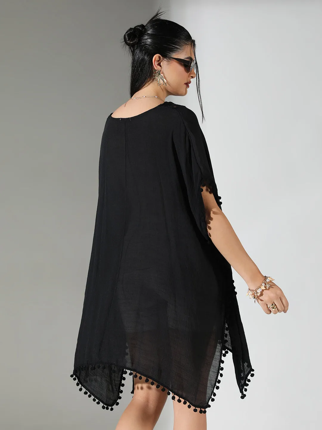 SHOWOFFFF Edition Women's Crochet Detail Black Dress with Pom-Poms