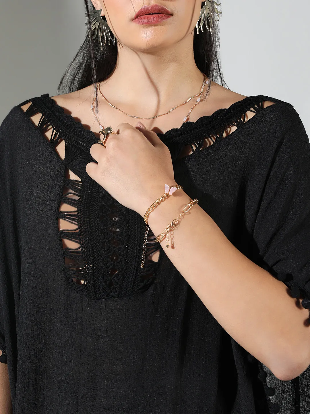 SHOWOFFFF Edition Women's Crochet Detail Black Dress with Pom-Poms