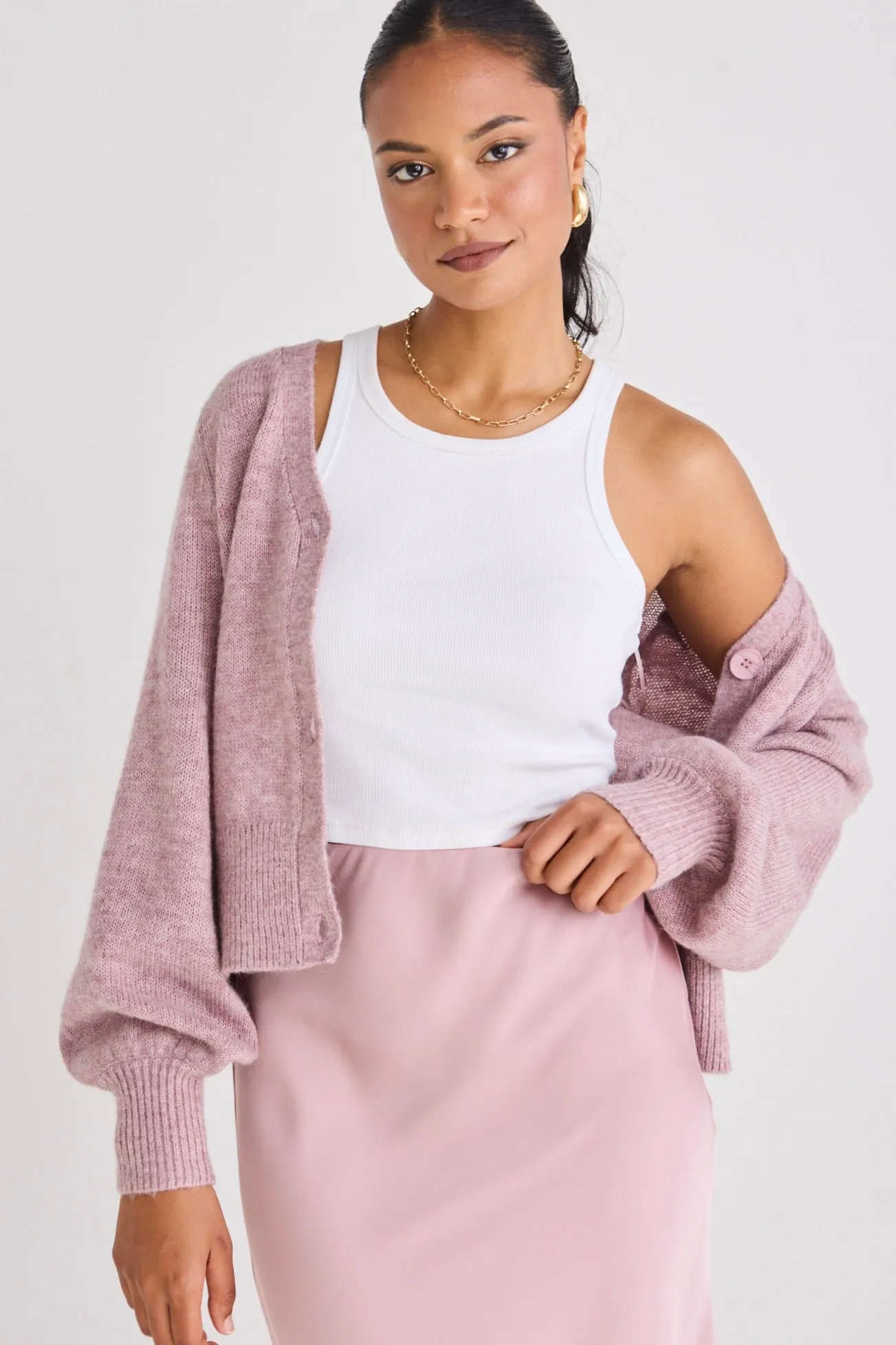 Spirited Pink Fusion Balloon Sleeve Cropped Cardigan