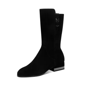 TinaCus Women's Round Toe Suede Leather Handmade Zipper Comfort Flat Mid-Calf Boots