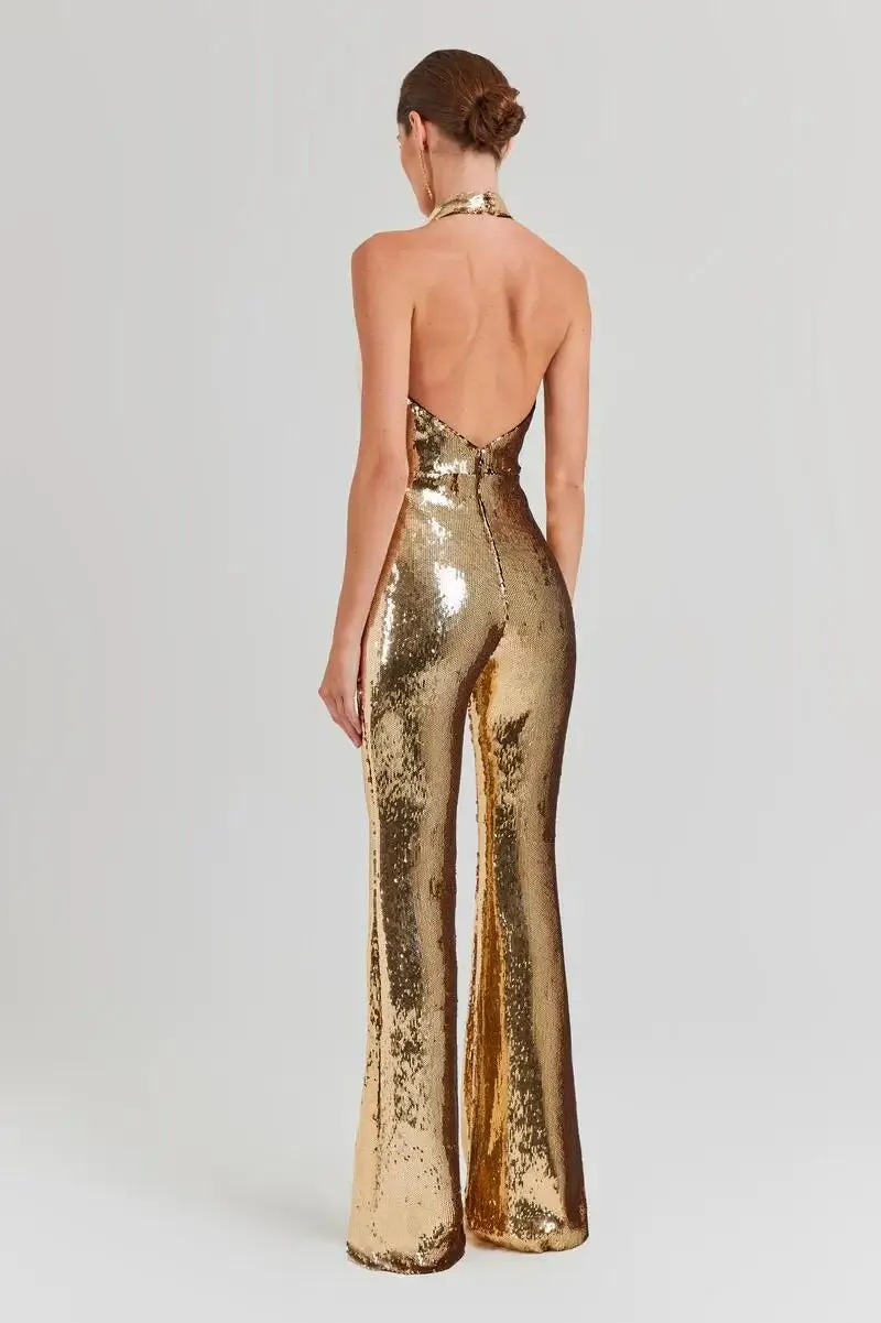 Trend4us Golden Glam Sequin Halter Backless Jumpsuit