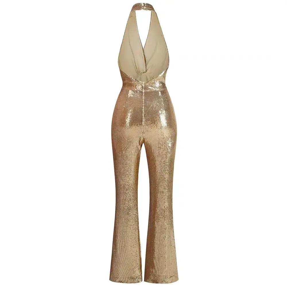 Trend4us Golden Glam Sequin Halter Backless Jumpsuit