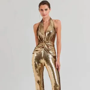 Trend4us Golden Glam Sequin Halter Backless Jumpsuit