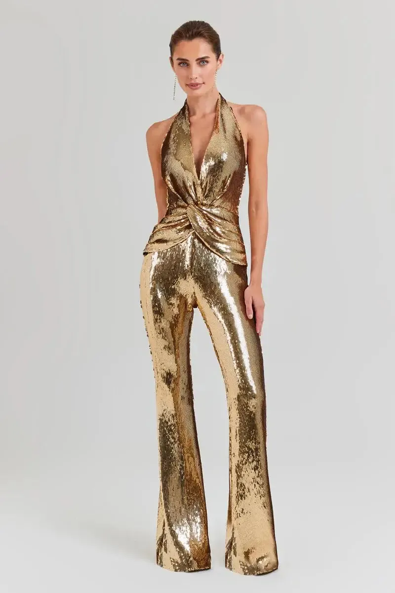Trend4us Golden Glam Sequin Halter Backless Jumpsuit