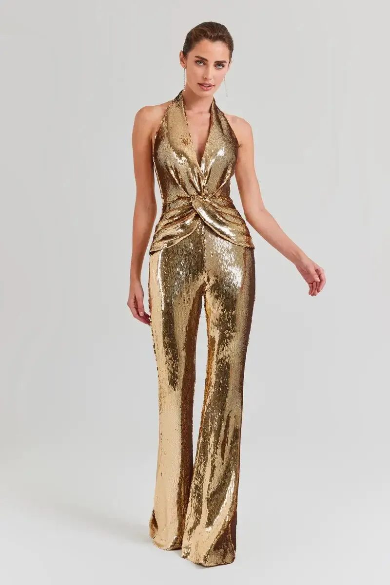 Trend4us Golden Glam Sequin Halter Backless Jumpsuit