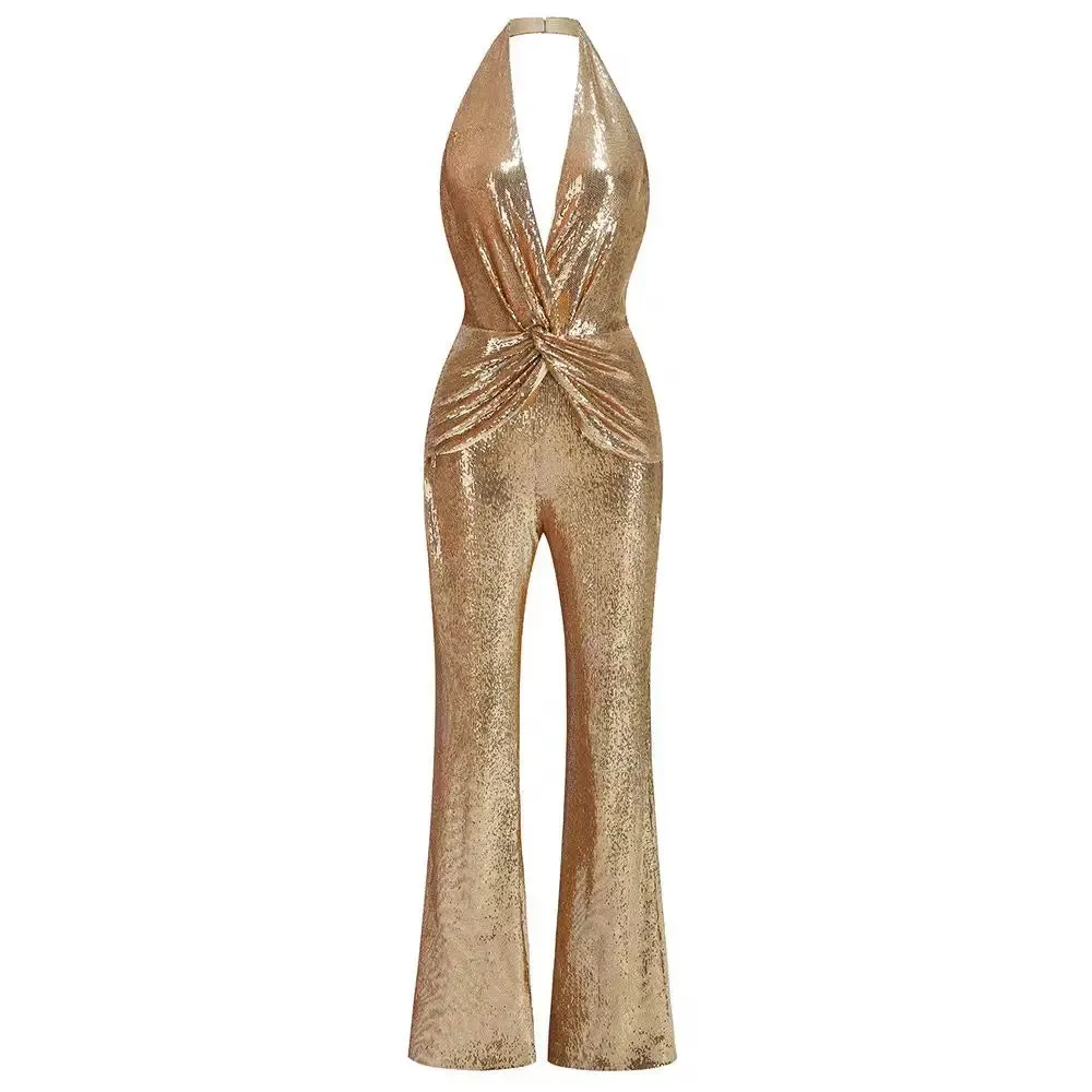 Trend4us Golden Glam Sequin Halter Backless Jumpsuit
