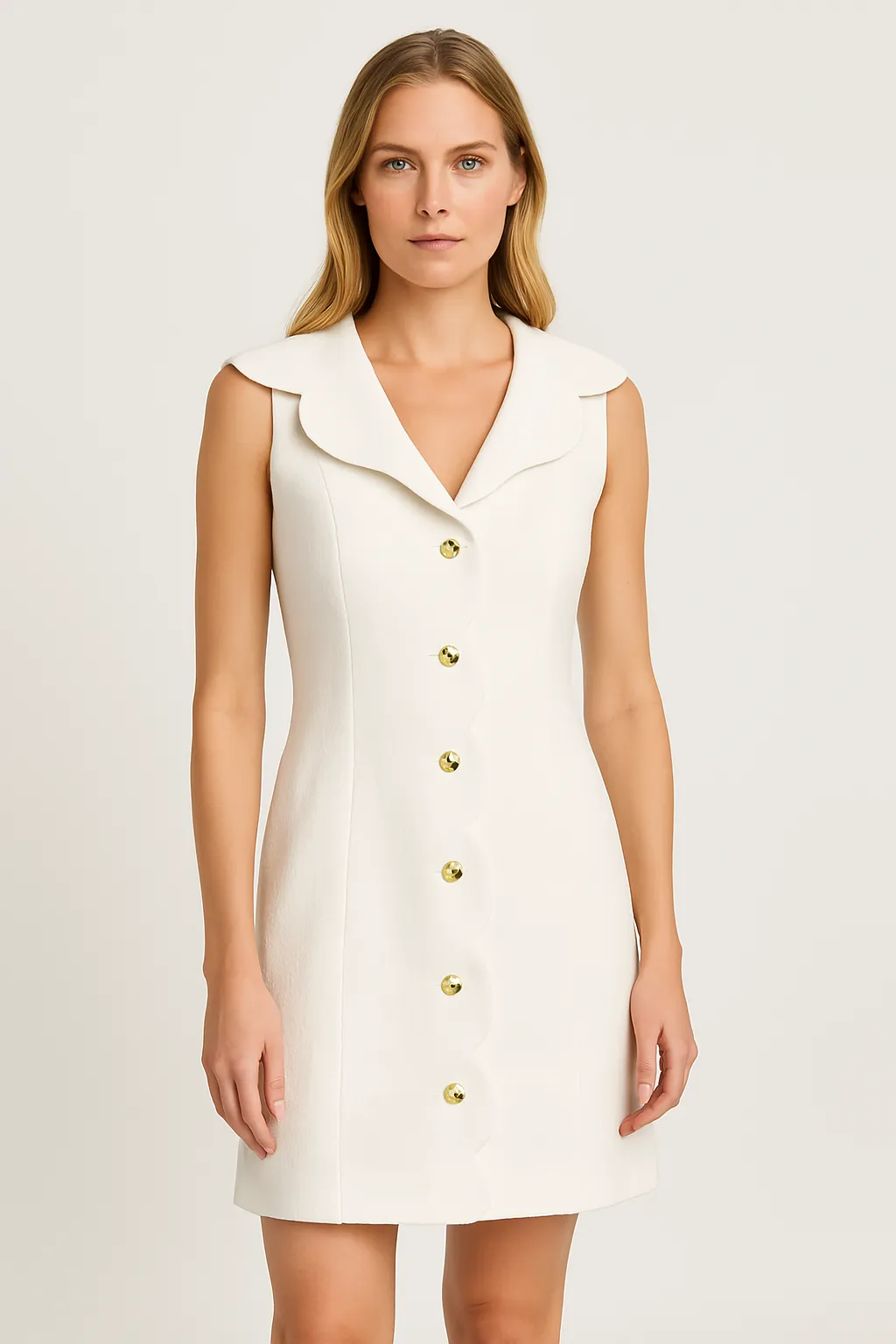 Womens Denim Dress  Tailored Fit  Sleeveless  Scalloped Placket  Above Knee Length