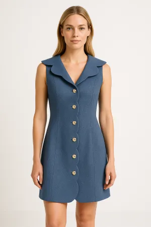 Womens Denim Dress  Tailored Fit  Sleeveless  Scalloped Placket  Above Knee Length
