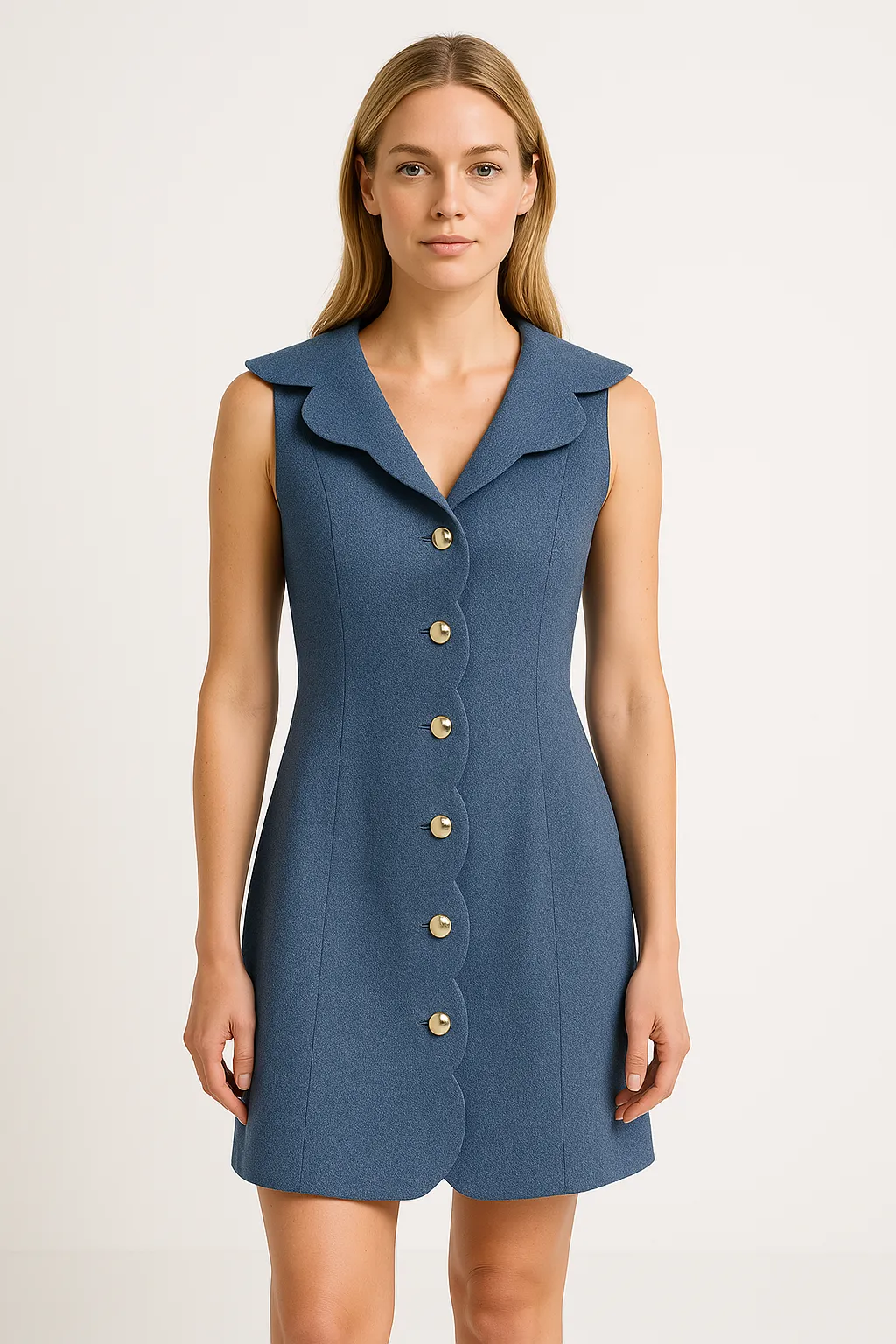 Womens Denim Dress  Tailored Fit  Sleeveless  Scalloped Placket  Above Knee Length