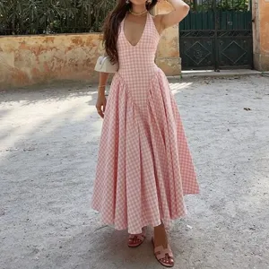 Womens Halter Neck Dress  Cotton Blend  Slim Fit  A-Line Pleated Maxi Skirt