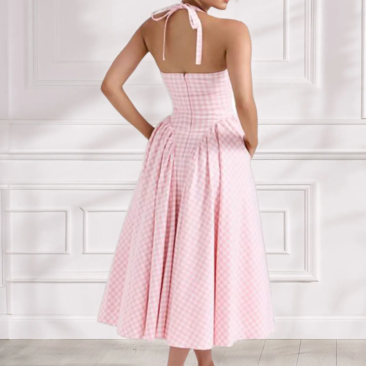 Womens Halter Neck Dress  Cotton Blend  Slim Fit  A-Line Pleated Maxi Skirt