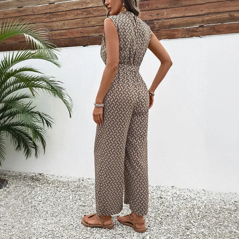 Womens Jumpsuit  Geometric Print  Sleeveless  Tie Waist  Full Length  Lightweight