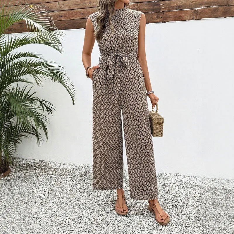 Womens Jumpsuit  Geometric Print  Sleeveless  Tie Waist  Full Length  Lightweight