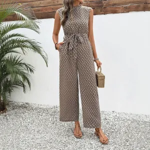Womens Jumpsuit  Geometric Print  Sleeveless  Tie Waist  Full Length  Lightweight