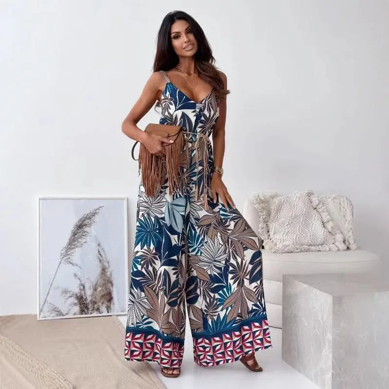 Womens Jumpsuit  Lightweight Cotton Blend  V-Neck  Wide Leg  Belted Waist