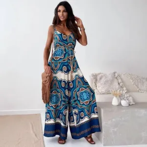 Womens Jumpsuit  Lightweight Cotton Blend  V-Neck  Wide Leg  Belted Waist