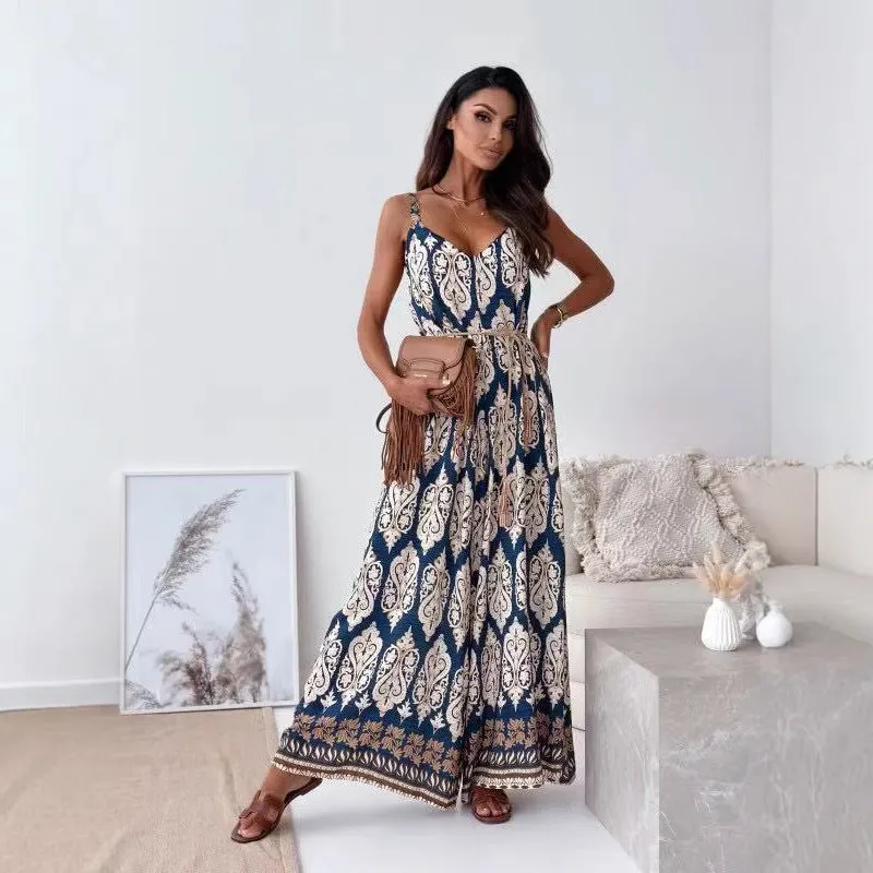Womens Jumpsuit  Lightweight Cotton Blend  V-Neck  Wide Leg  Belted Waist