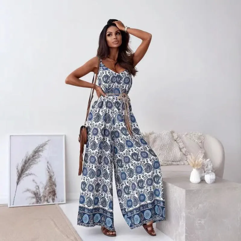 Womens Jumpsuit  Lightweight Cotton Blend  V-Neck  Wide Leg  Belted Waist