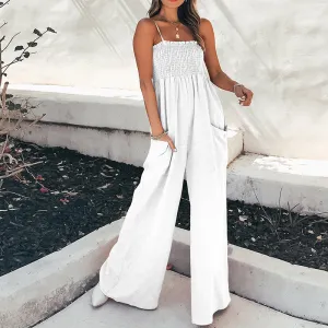 Womens Jumpsuit  Relaxed Fit  Wide Leg  Ruched Bodice  Spaghetti Straps  Pockets