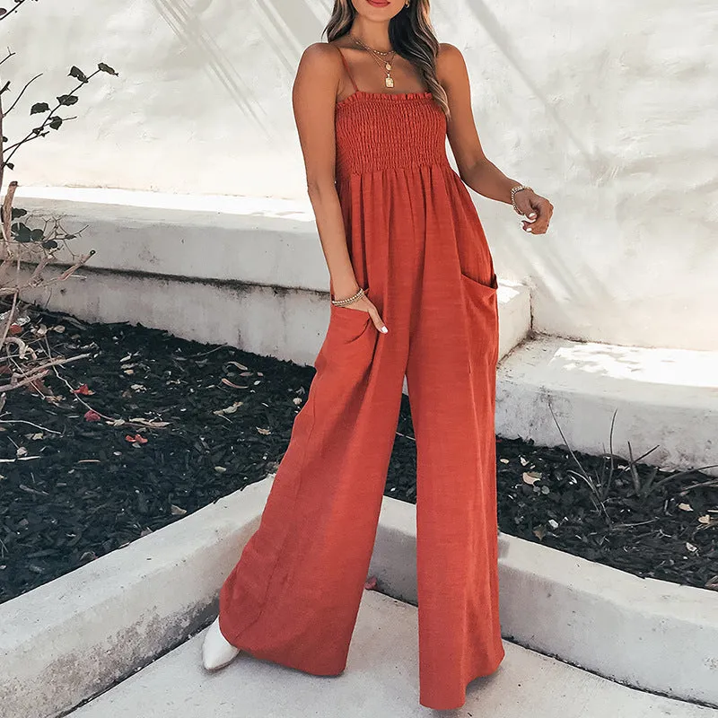Womens Jumpsuit  Relaxed Fit  Wide Leg  Ruched Bodice  Spaghetti Straps  Pockets