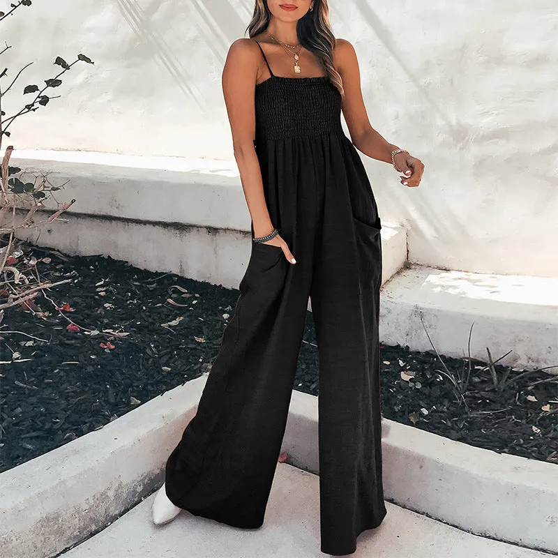 Womens Jumpsuit  Relaxed Fit  Wide Leg  Ruched Bodice  Spaghetti Straps  Pockets