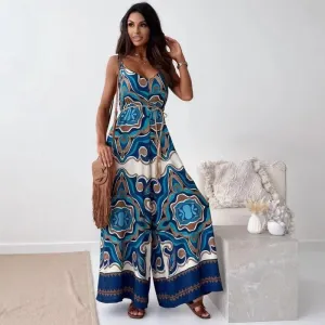 Womens Jumpsuit  Sleeveless V-Neck  Tie Waist  Wide Leg  Retro Floral Print