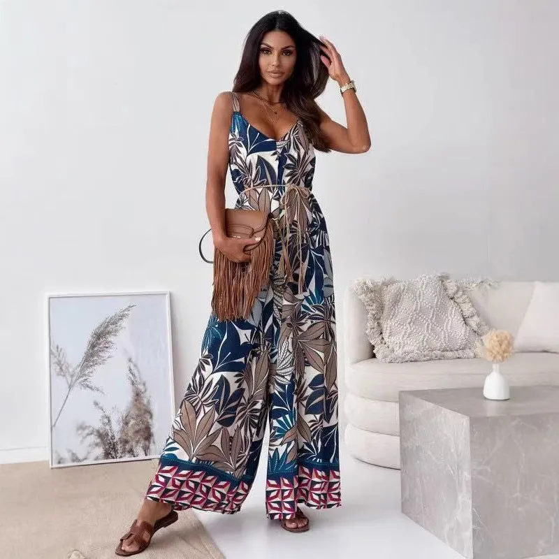 Womens Jumpsuit  Sleeveless V-Neck  Tie Waist  Wide Leg  Retro Floral Print