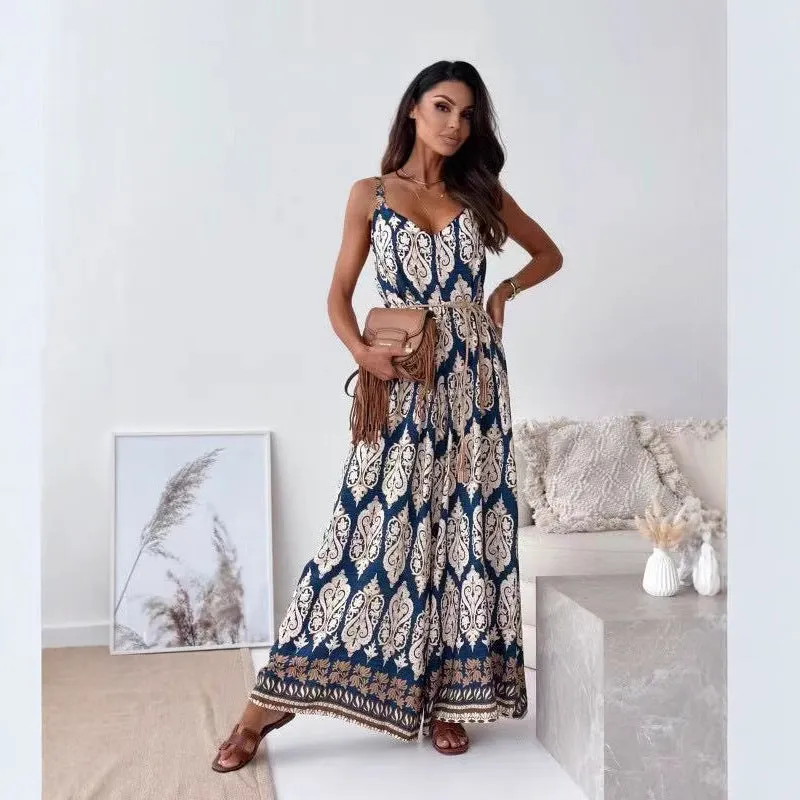 Womens Jumpsuit  Sleeveless V-Neck  Tie Waist  Wide Leg  Retro Floral Print
