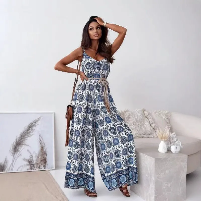 Womens Jumpsuit  Sleeveless V-Neck  Tie Waist  Wide Leg  Retro Floral Print