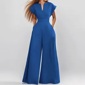 Womens Jumpsuit  V-Neck  Short Sleeve  Wide Leg  Loose Fit  Lightweight Fabric