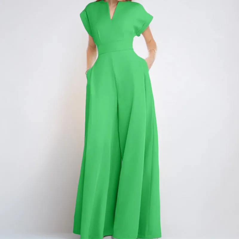 Womens Jumpsuit  V-Neck  Short Sleeve  Wide Leg  Loose Fit  Lightweight Fabric