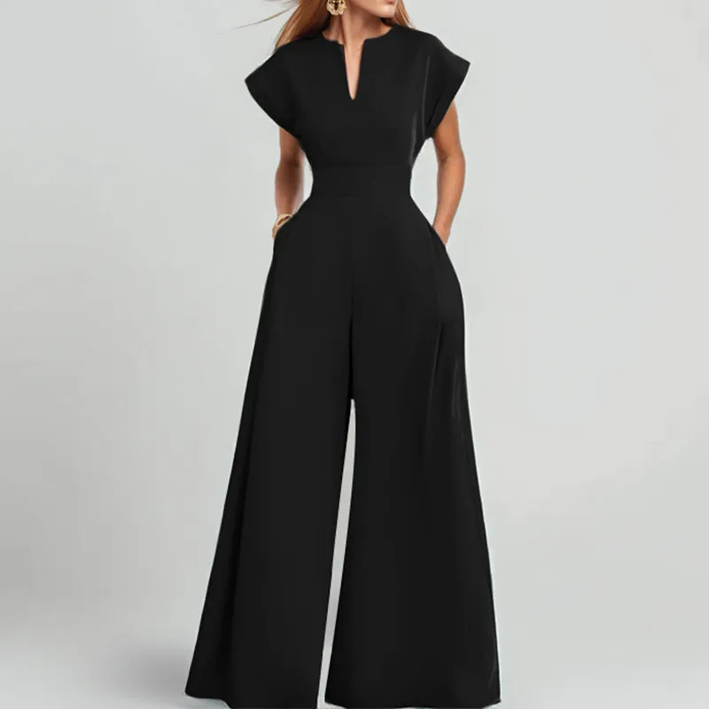 Womens Jumpsuit  V-Neck  Short Sleeve  Wide Leg  Loose Fit  Lightweight Fabric