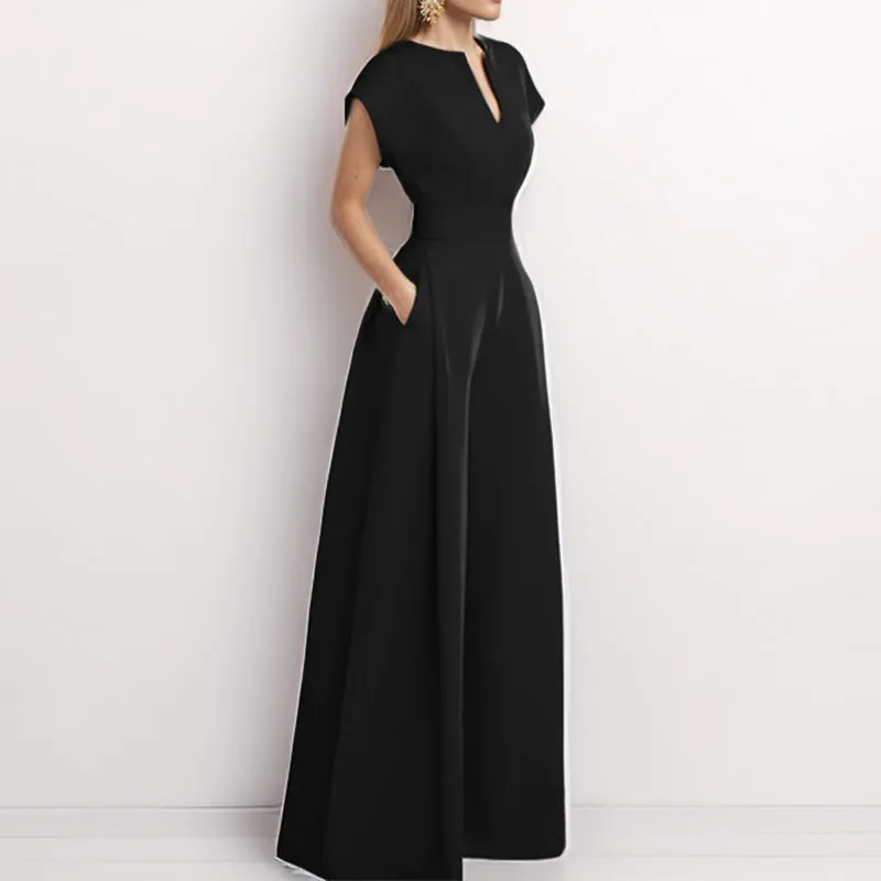 Womens Jumpsuit  V-Neck  Short Sleeve  Wide Leg  Loose Fit  Lightweight Fabric