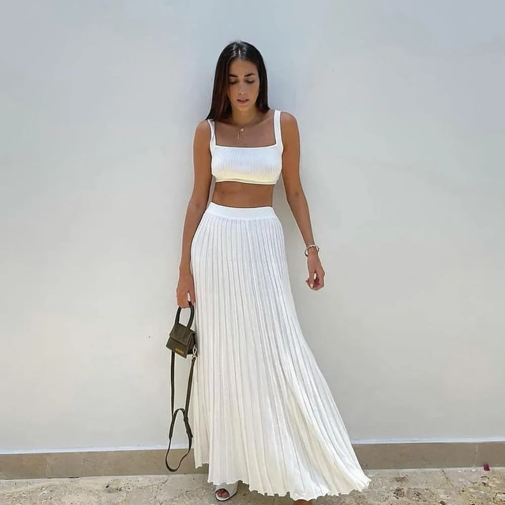 Womens Knit Tank Top Set  Cropped Slim Fit  Ribbed Square Neck  Pleated Skirt