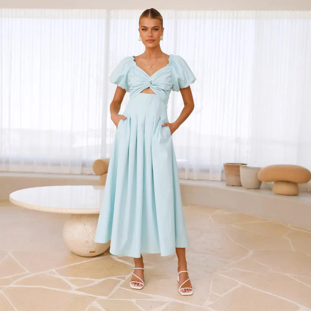 Womens Long Dress  Fit and Flare  Puff Sleeve  V-Neck  Lightweight Breathable Fabric
