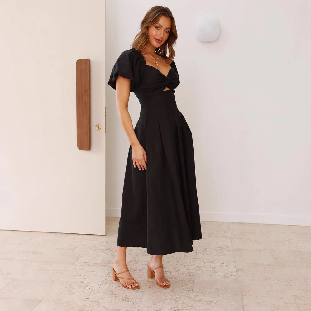 Womens Long Dress  Fit and Flare  Puff Sleeve  V-Neck  Lightweight Breathable Fabric