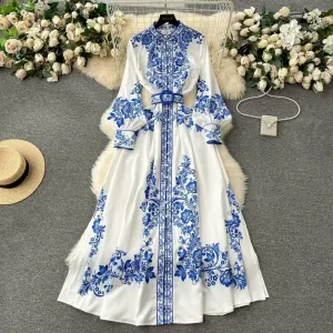 Women's Long Dress - High Collar - Belted Waist - Floral Pattern - Long Sleeves