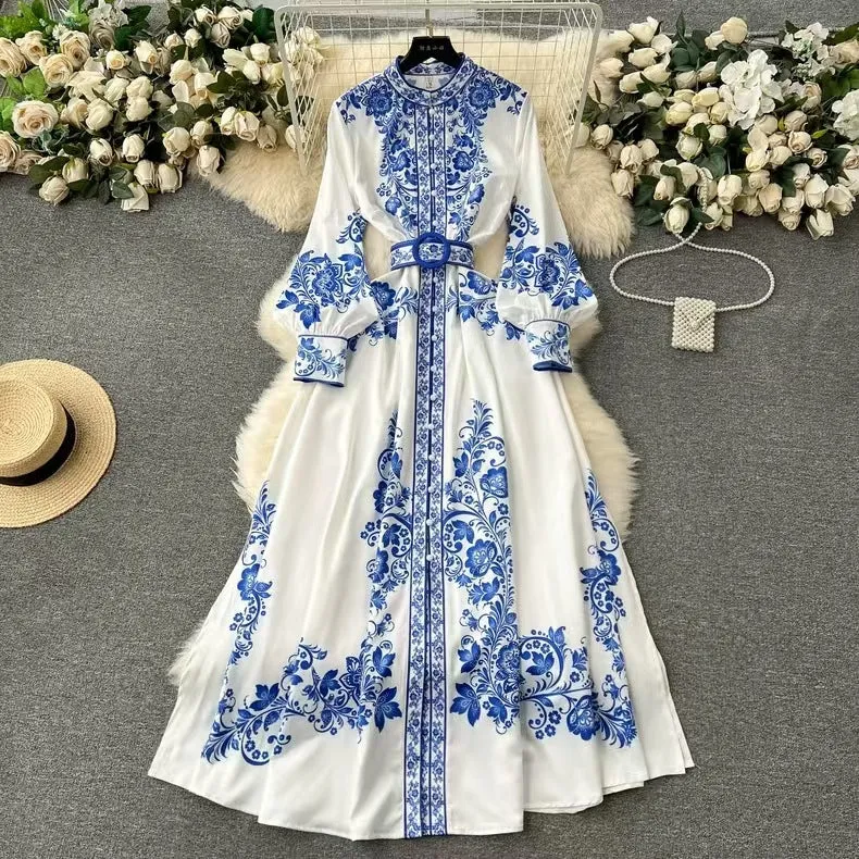 Women's Long Dress - High Collar - Belted Waist - Floral Pattern - Long Sleeves
