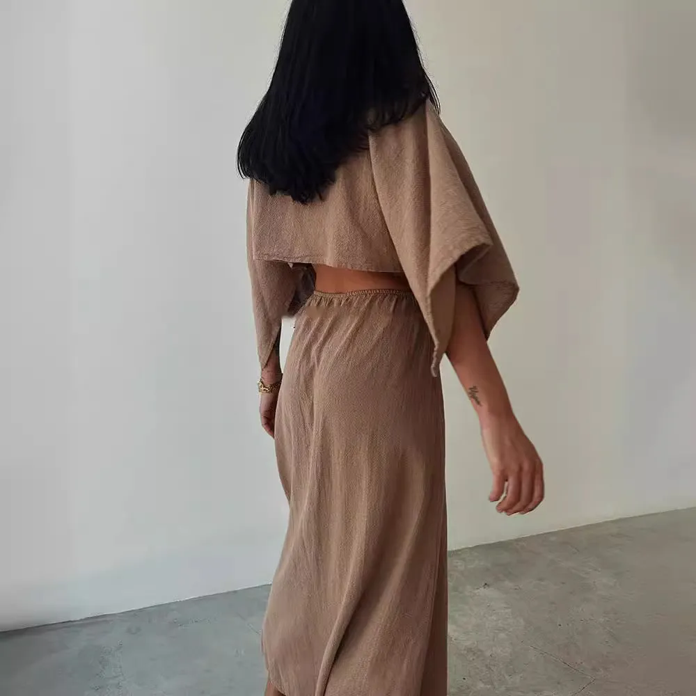 Womens Maxi Dress  Cotton Linen Blend  Slim Fit  V-Neck  High Slit  Cut-Out Waist  Wide Sleeves