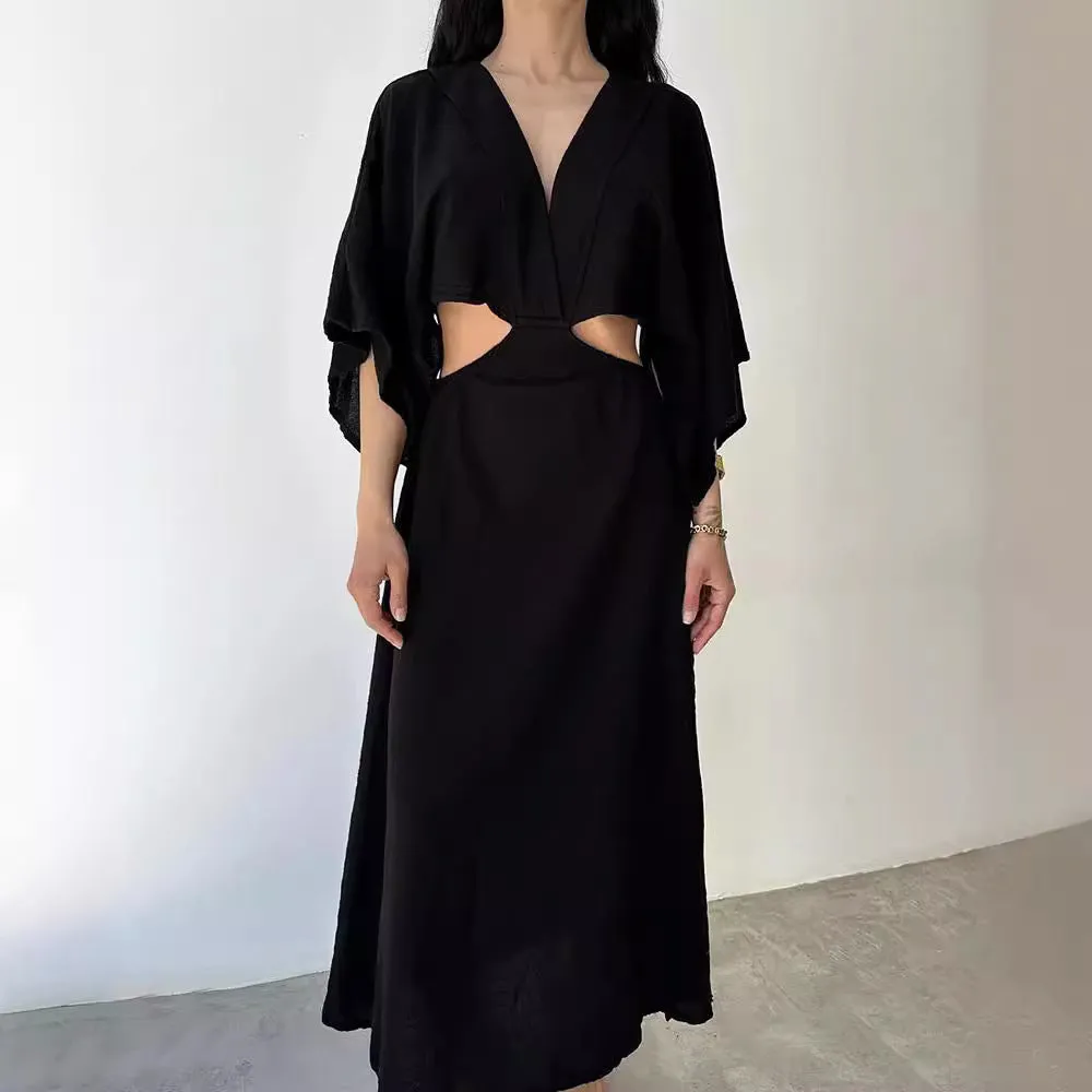 Womens Maxi Dress  Cotton Linen Blend  Slim Fit  V-Neck  High Slit  Cut-Out Waist  Wide Sleeves