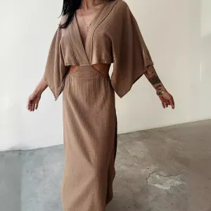 Womens Maxi Dress  Cotton Linen Blend  Slim Fit  V-Neck  High Slit  Cut-Out Waist  Wide Sleeves
