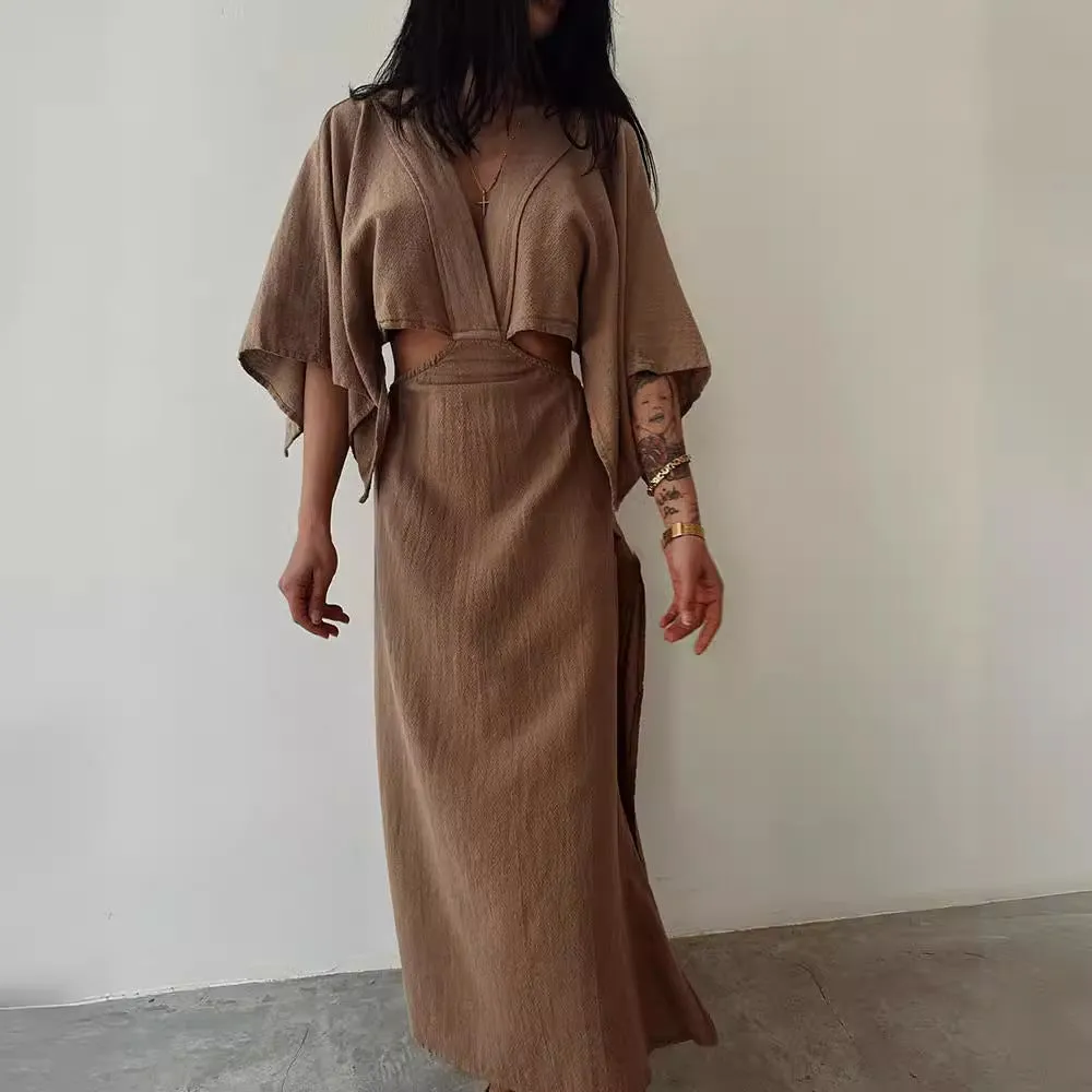 Womens Maxi Dress  Cotton Linen Blend  Slim Fit  V-Neck  High Slit  Cut-Out Waist  Wide Sleeves
