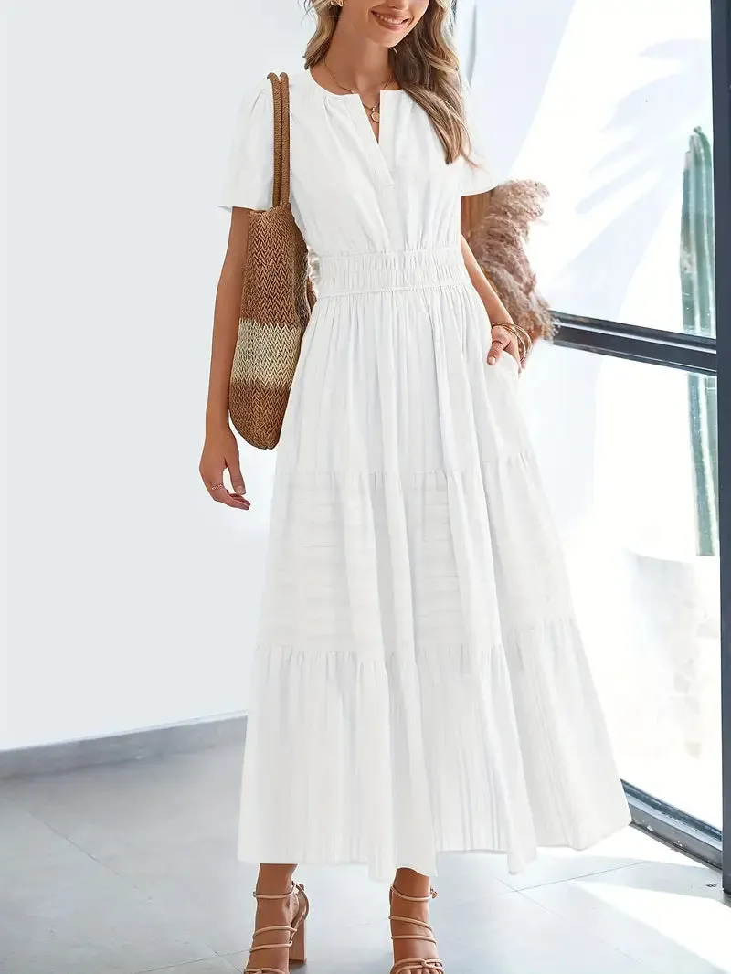 Womens Maxi Dress  V-Neck  Puff Sleeve  Ruched Waist  Tiered A-Line Fit