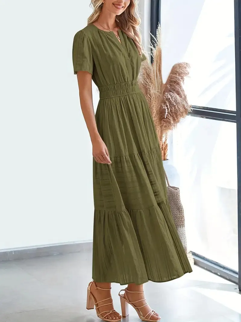 Womens Maxi Dress  V-Neck  Puff Sleeve  Ruched Waist  Tiered A-Line Fit