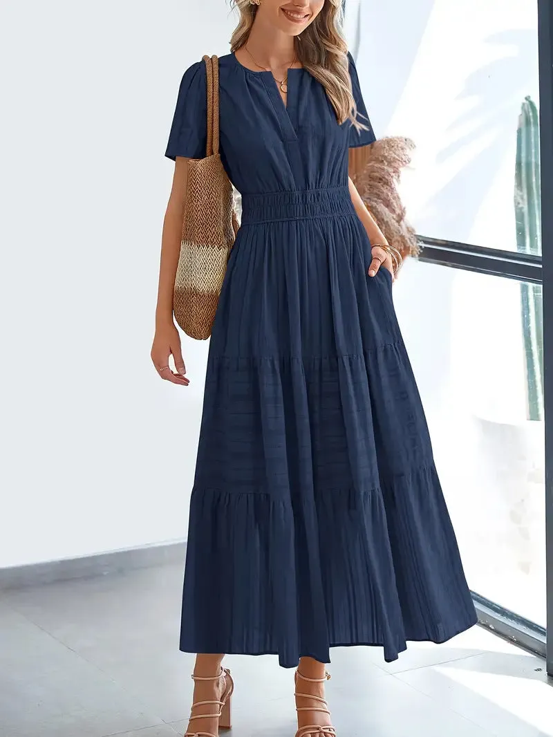 Womens Maxi Dress  V-Neck  Puff Sleeve  Ruched Waist  Tiered A-Line Fit
