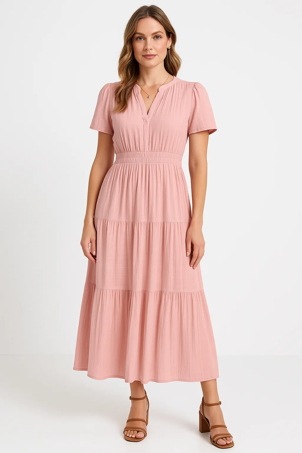 Womens Maxi Dress  V-Neck  Puff Sleeve  Ruched Waist  Tiered A-Line Fit