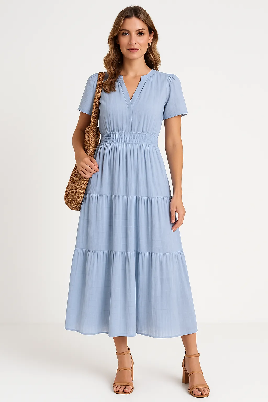 Womens Maxi Dress  V-Neck  Puff Sleeve  Ruched Waist  Tiered A-Line Fit