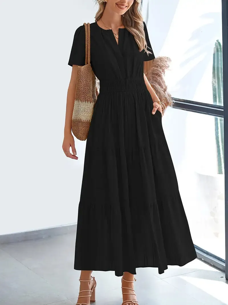 Womens Maxi Dress  V-Neck  Puff Sleeve  Ruched Waist  Tiered A-Line Fit
