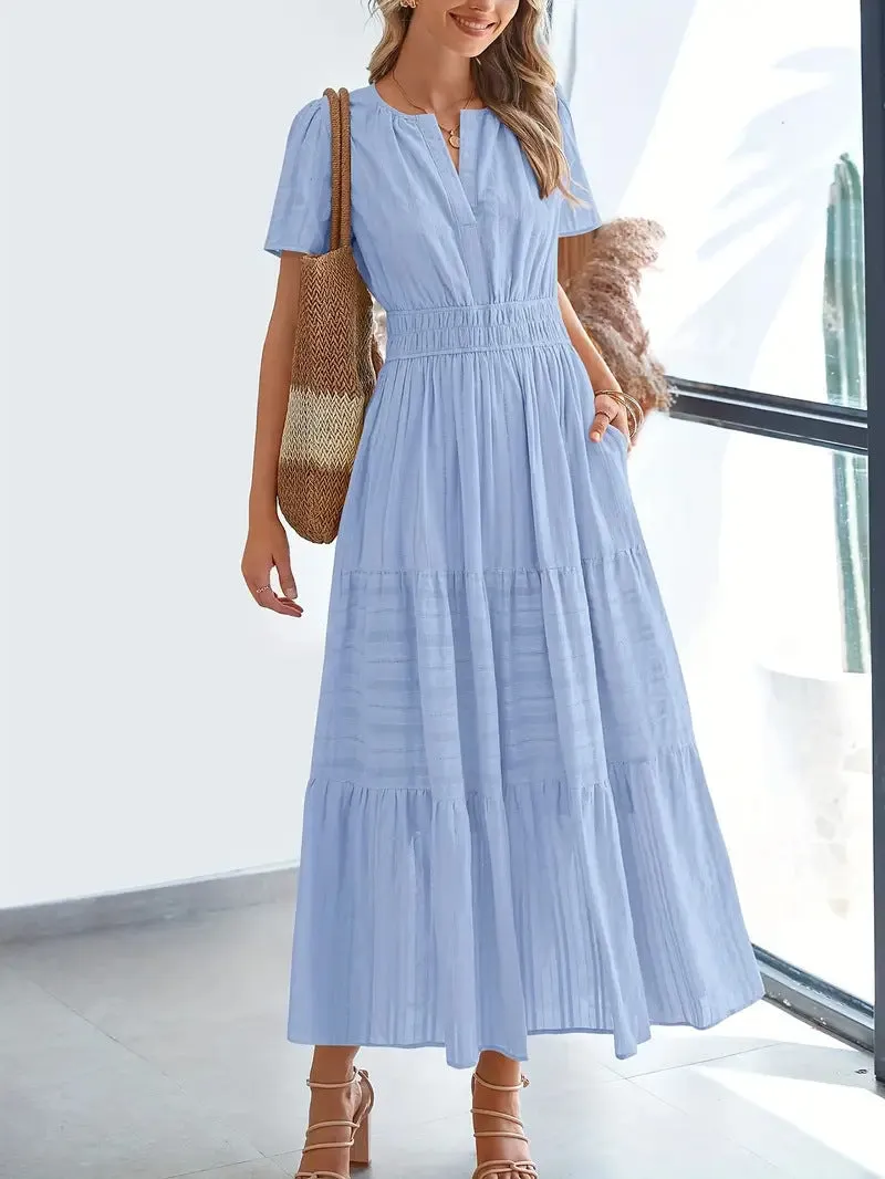 Womens Maxi Dress  V-Neck  Puff Sleeve  Ruched Waist  Tiered A-Line Fit